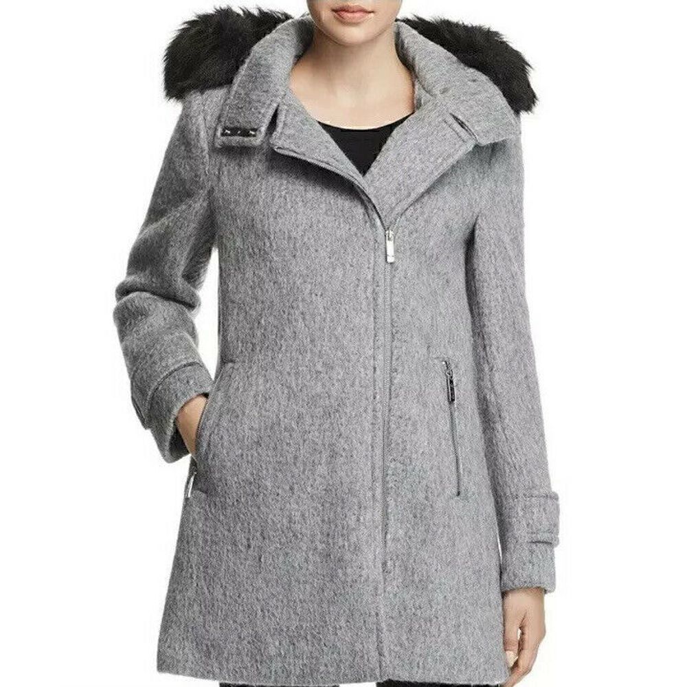 Calvin Klein Faux Fur Hood Coat Wool Blend Gray XS